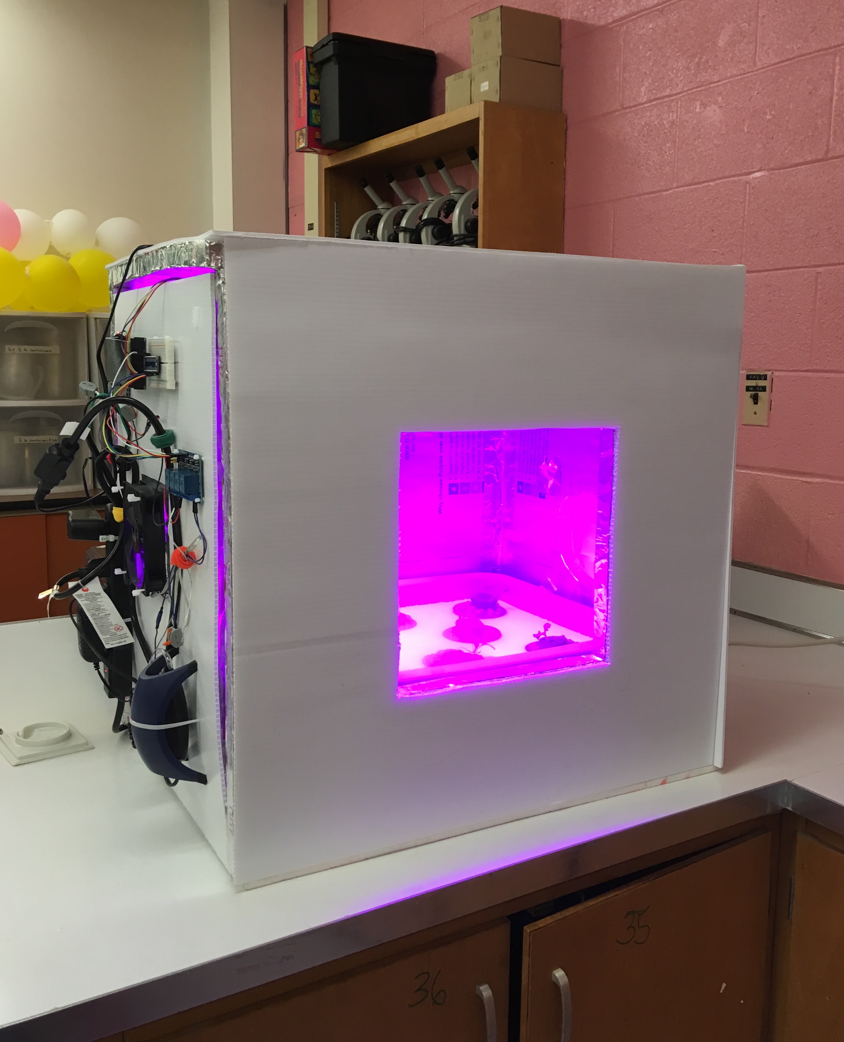 Home-built Food Computer sits on a counter in a science classroom