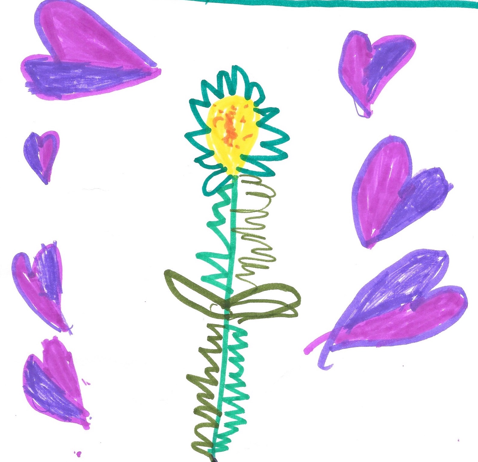 Drawing of a flower surrounded by hearts by a fifth grader